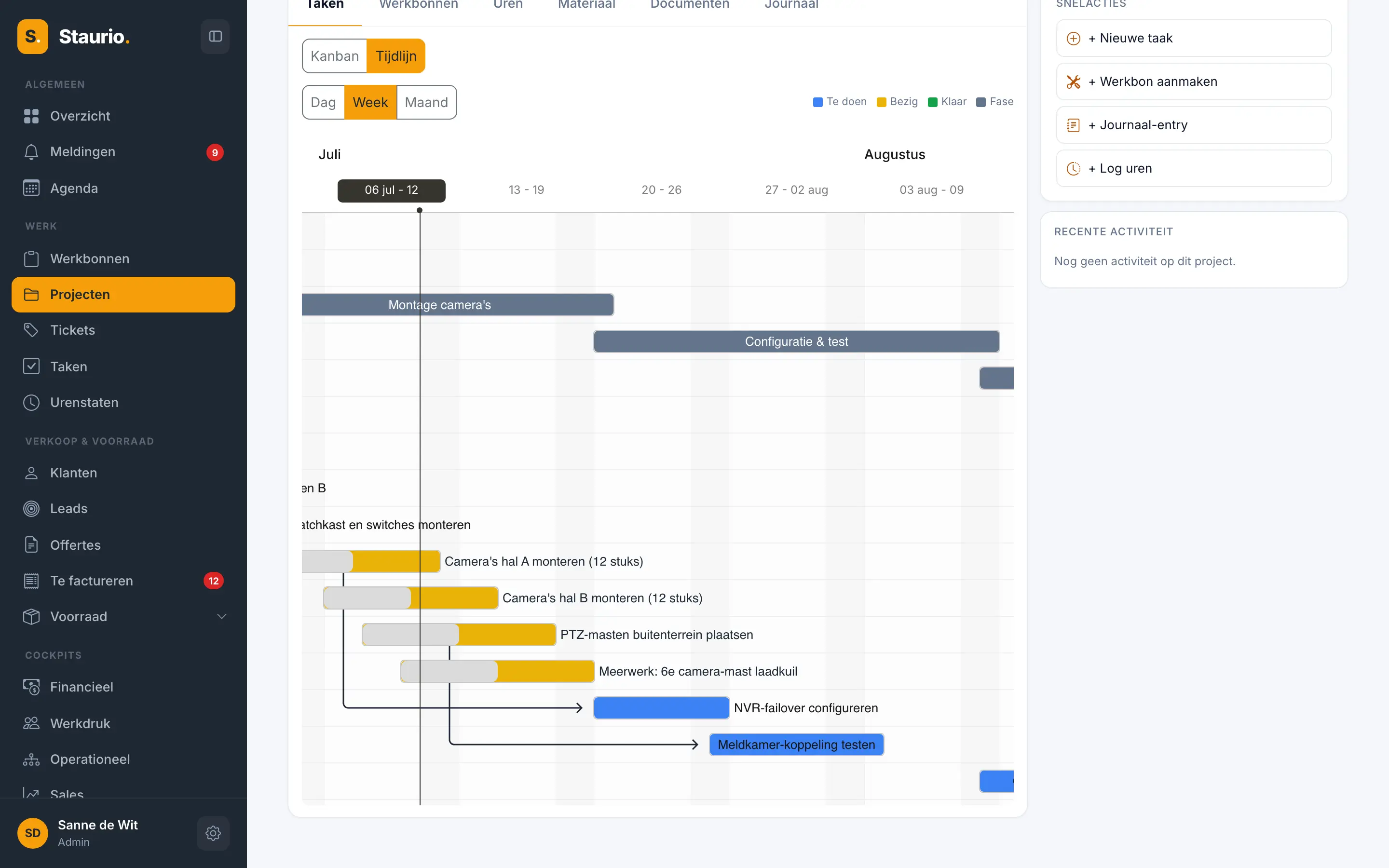 Een project in Staurio met fases op een Gantt-tijdlijn en onderlinge afhankelijkheden