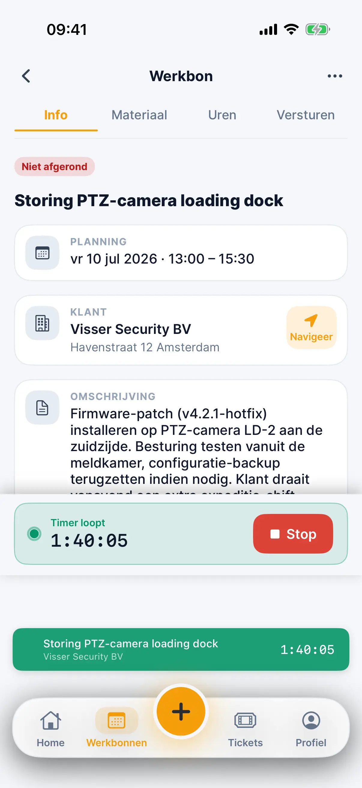 Een werkbon in de Staurio-app met een lopende timer en het gebruikte materiaal